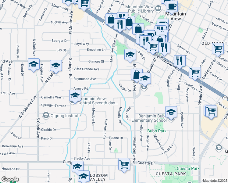 map of restaurants, bars, coffee shops, grocery stores, and more near 870 Arroyo Road in Los Altos