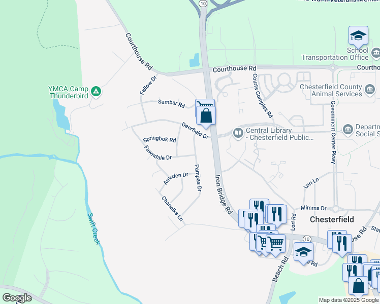 map of restaurants, bars, coffee shops, grocery stores, and more near 7400 Fawndale Drive in Chesterfield