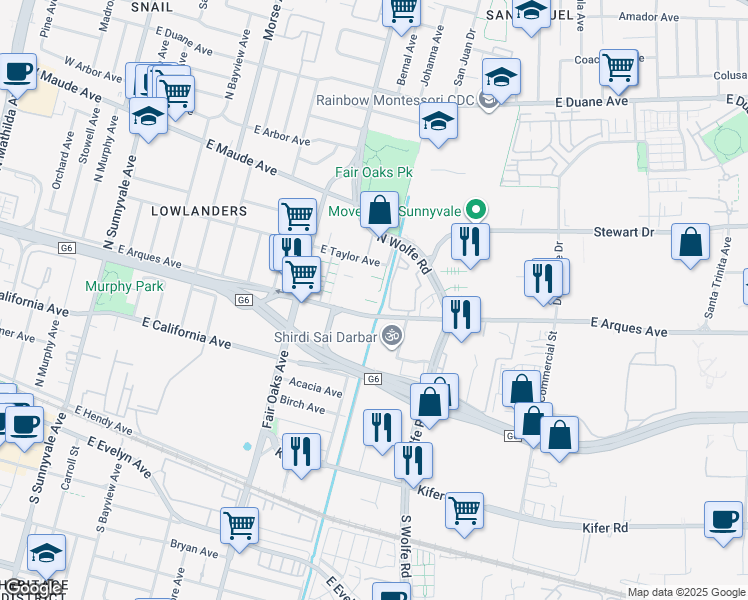 map of restaurants, bars, coffee shops, grocery stores, and more near 325 Charles Morris Terrace in Sunnyvale