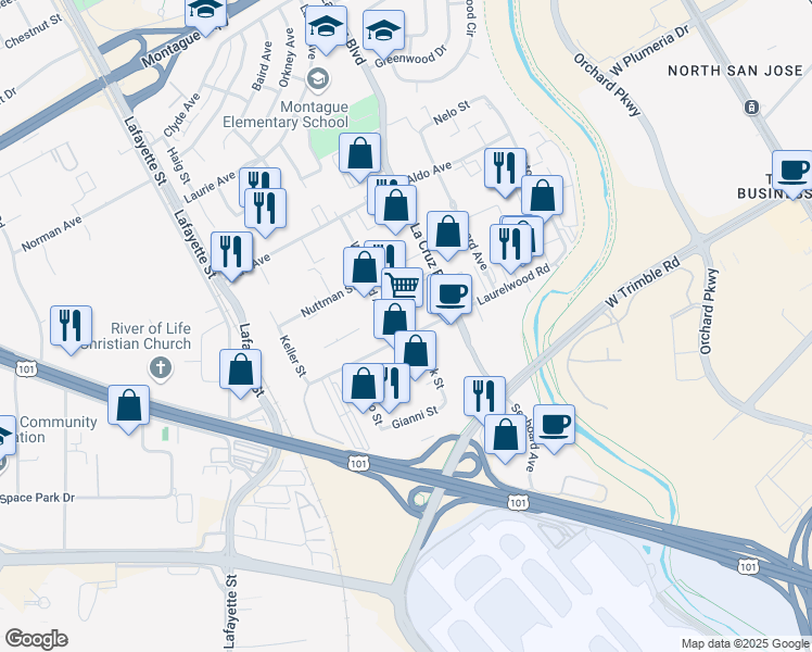 map of restaurants, bars, coffee shops, grocery stores, and more near 498 Laurelwood Road in Santa Clara