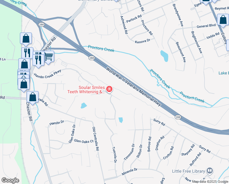 map of restaurants, bars, coffee shops, grocery stores, and more near 3500 Midhurst Drive in Chester