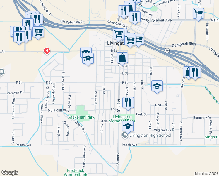 map of restaurants, bars, coffee shops, grocery stores, and more near 1301 G Street in Livingston