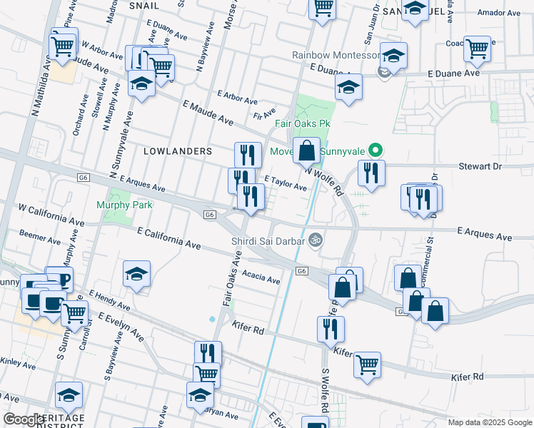 map of restaurants, bars, coffee shops, grocery stores, and more near 302 Santa Diana Terrace in Sunnyvale