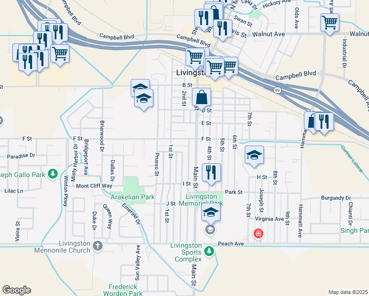 map of restaurants, bars, coffee shops, grocery stores, and more near 1301 G Street in Livingston