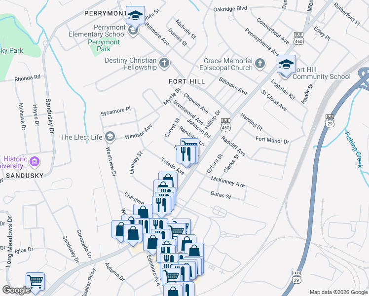 map of restaurants, bars, coffee shops, grocery stores, and more near 916 Tolleys Lane in Lynchburg