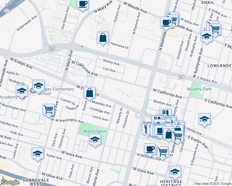 map of restaurants, bars, coffee shops, grocery stores, and more near 840 West California Avenue in Sunnyvale