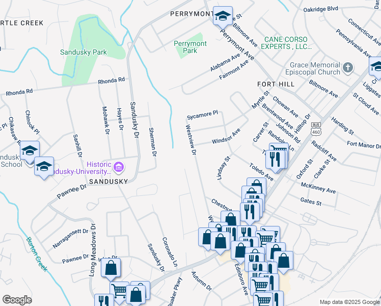 map of restaurants, bars, coffee shops, grocery stores, and more near 701 Westview Drive in Lynchburg