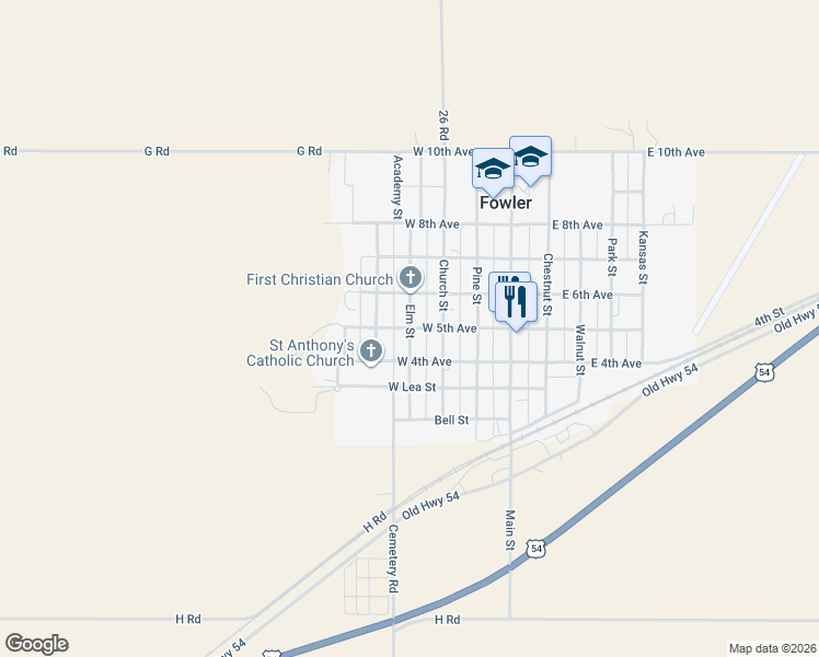 map of restaurants, bars, coffee shops, grocery stores, and more near 401 West 5th Avenue in Fowler