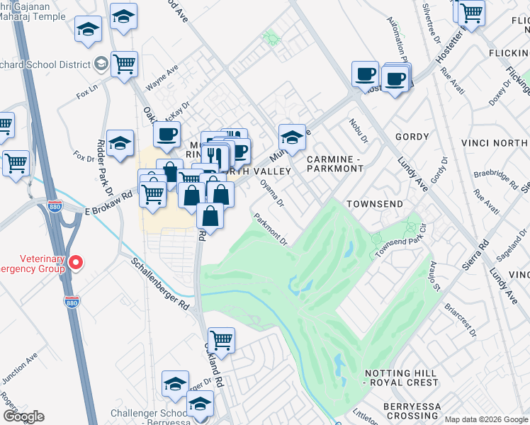 map of restaurants, bars, coffee shops, grocery stores, and more near 1507 Oyama Place in San Jose