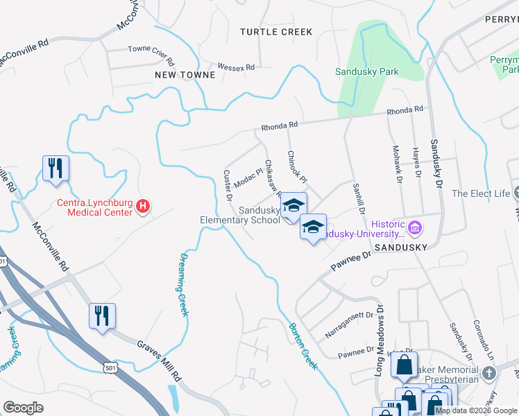 map of restaurants, bars, coffee shops, grocery stores, and more near 6008 Sunderland Place in Lynchburg