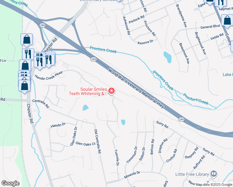 map of restaurants, bars, coffee shops, grocery stores, and more near 3500 Midhurst Drive in Chester