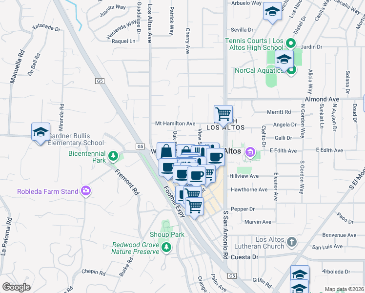 map of restaurants, bars, coffee shops, grocery stores, and more near 177 West Edith Avenue in Los Altos