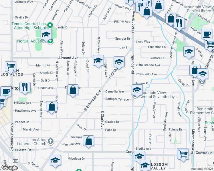 map of restaurants, bars, coffee shops, grocery stores, and more near 15 North El Monte Avenue in Los Altos