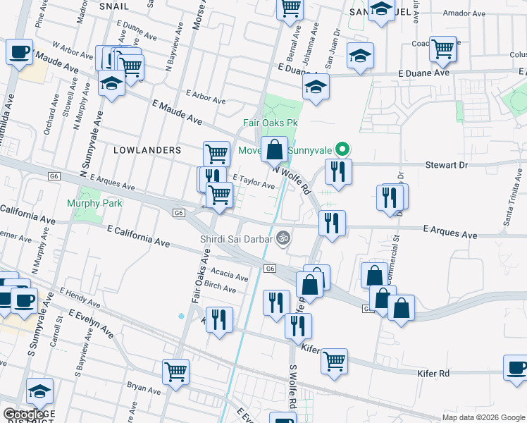 map of restaurants, bars, coffee shops, grocery stores, and more near 687 Montara Terrace in Sunnyvale