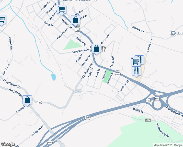 map of restaurants, bars, coffee shops, grocery stores, and more near 2210 Duke Street in Lynchburg