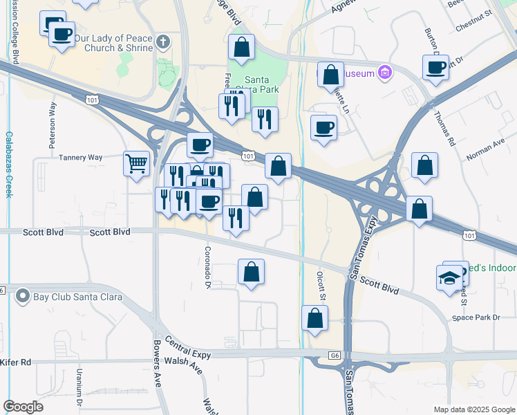 map of restaurants, bars, coffee shops, grocery stores, and more near 2486 Augustine Drive in Santa Clara