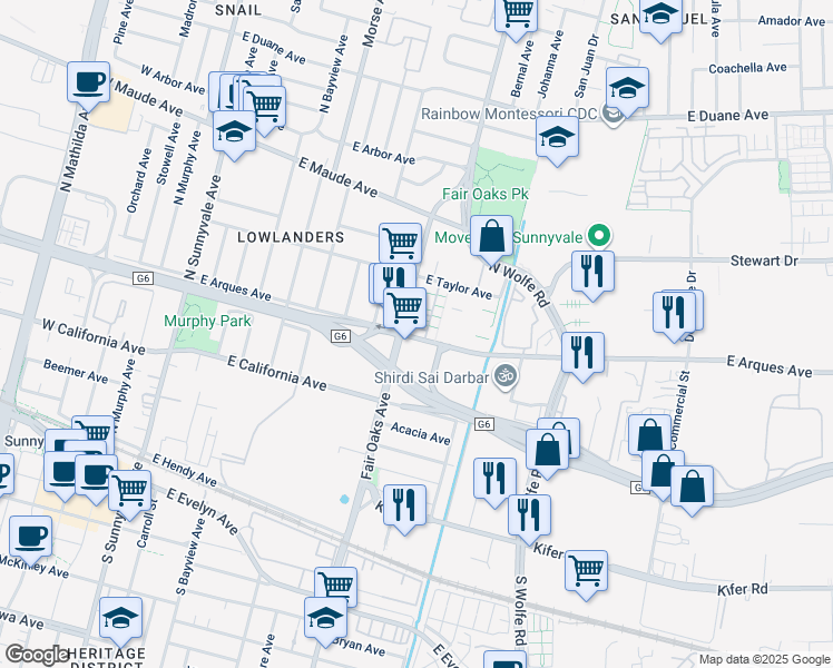 map of restaurants, bars, coffee shops, grocery stores, and more near 302 Santa Diana Terrace in Sunnyvale