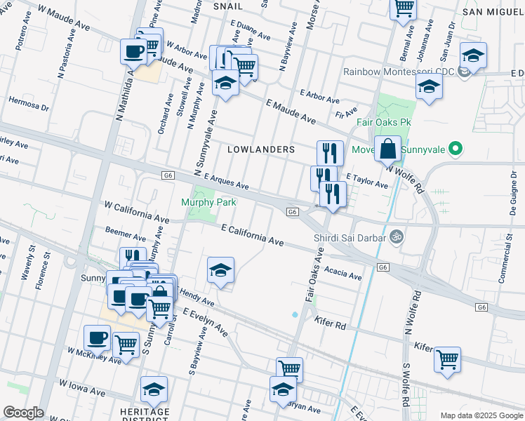 map of restaurants, bars, coffee shops, grocery stores, and more near 269 Roosevelt Avenue in Sunnyvale