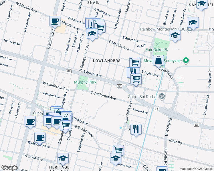 map of restaurants, bars, coffee shops, grocery stores, and more near 269 Roosevelt Avenue in Sunnyvale