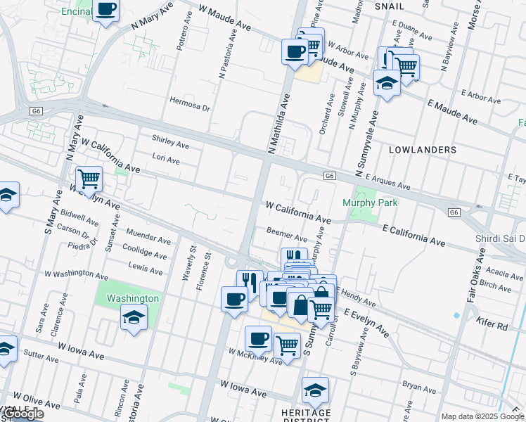 map of restaurants, bars, coffee shops, grocery stores, and more near 152 San Andreas Court in Sunnyvale