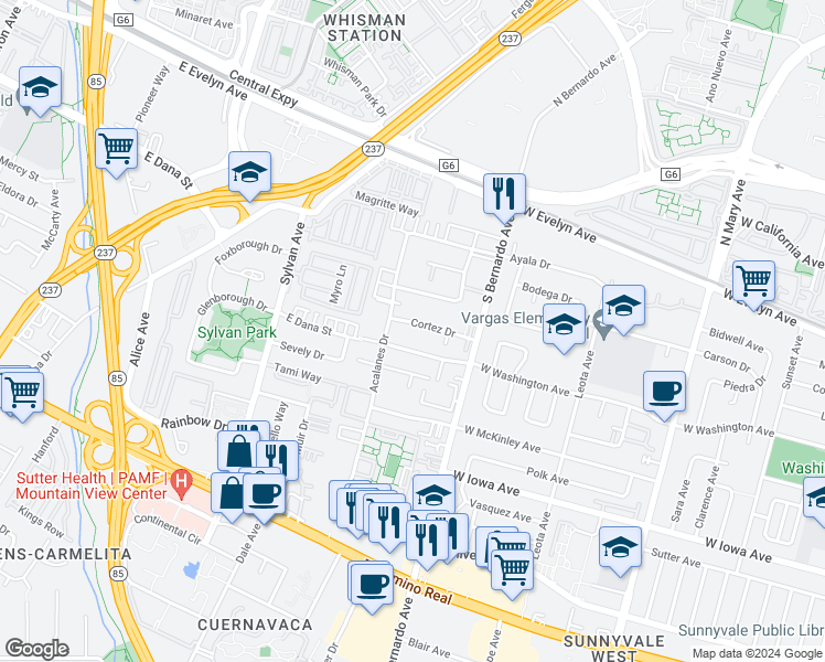 map of restaurants, bars, coffee shops, grocery stores, and more near 1263 West Washington Avenue in Sunnyvale