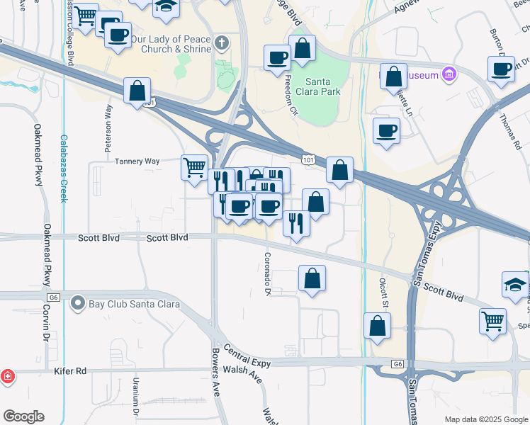 map of restaurants, bars, coffee shops, grocery stores, and more near 2620 Augustine Drive in Santa Clara