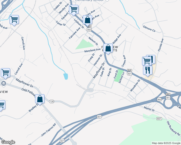 map of restaurants, bars, coffee shops, grocery stores, and more near 2214 Hanover Street in Lynchburg