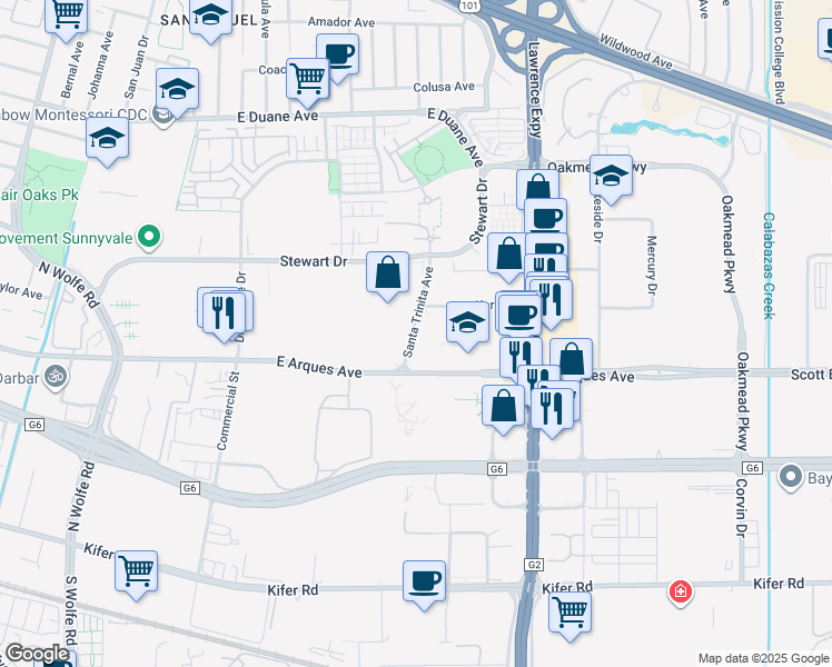 map of restaurants, bars, coffee shops, grocery stores, and more near 384 Santa Trinita Avenue in Sunnyvale