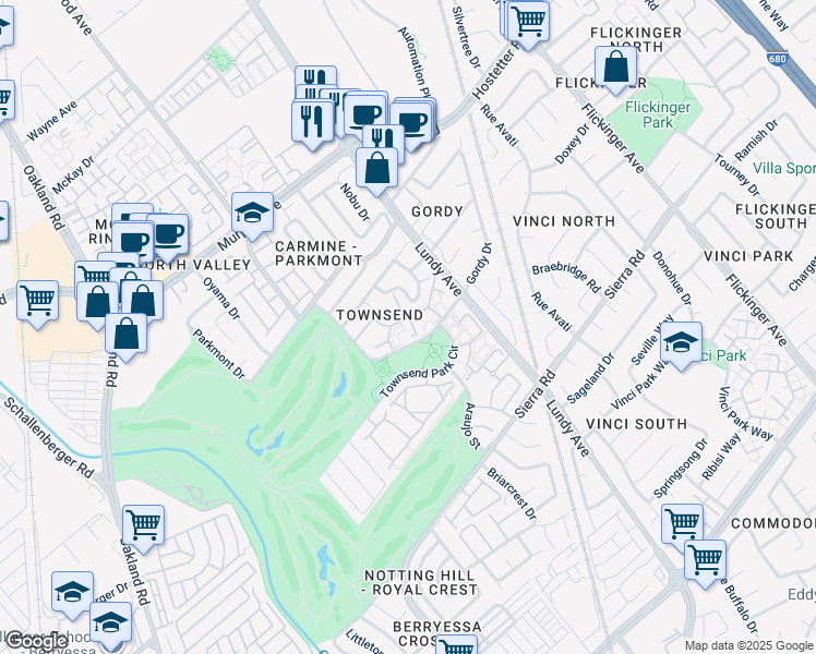 map of restaurants, bars, coffee shops, grocery stores, and more near 1441 Rocklin Court in San Jose
