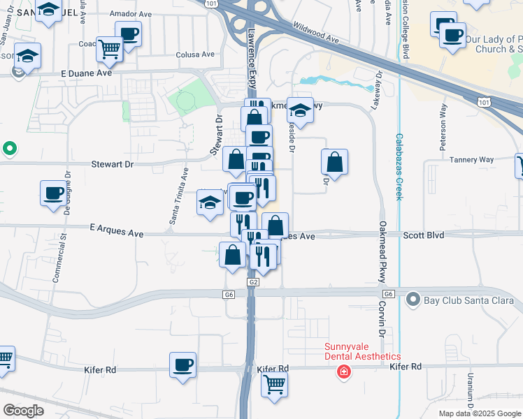 map of restaurants, bars, coffee shops, grocery stores, and more near 500 Lawrence Expressway in Sunnyvale
