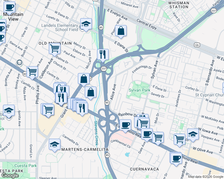 map of restaurants, bars, coffee shops, grocery stores, and more near 768 Alice Avenue in Mountain View