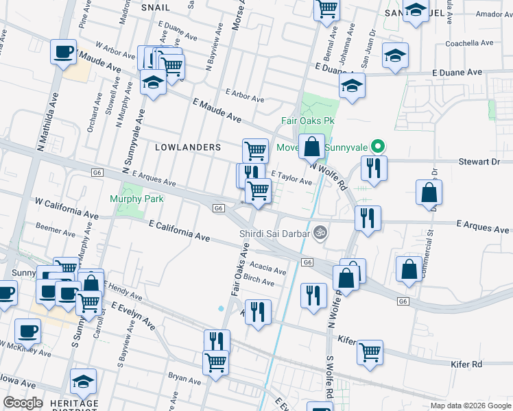 map of restaurants, bars, coffee shops, grocery stores, and more near North Fair Oaks Avenue & East Arques Avenue in Sunnyvale