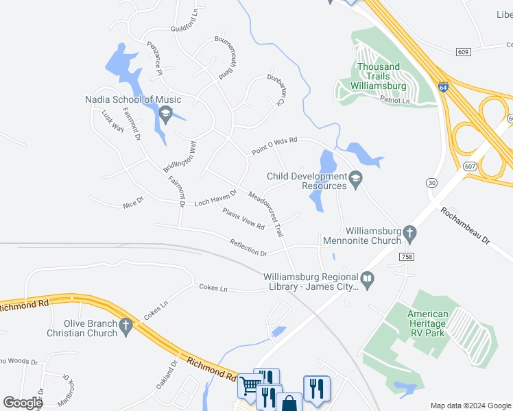 map of restaurants, bars, coffee shops, grocery stores, and more near 113 Meadowcrest Trail in Williamsburg