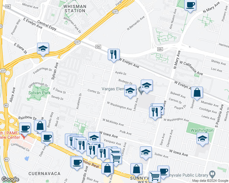map of restaurants, bars, coffee shops, grocery stores, and more near 1182 Crespi Drive in Sunnyvale