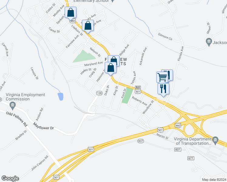 map of restaurants, bars, coffee shops, grocery stores, and more near 2207 King Street in Lynchburg