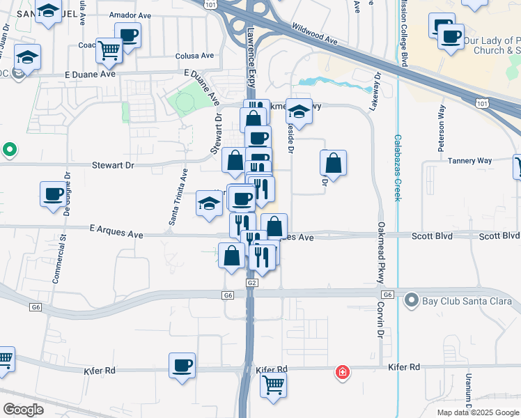 map of restaurants, bars, coffee shops, grocery stores, and more near 500 Lawrence Expressway in Sunnyvale