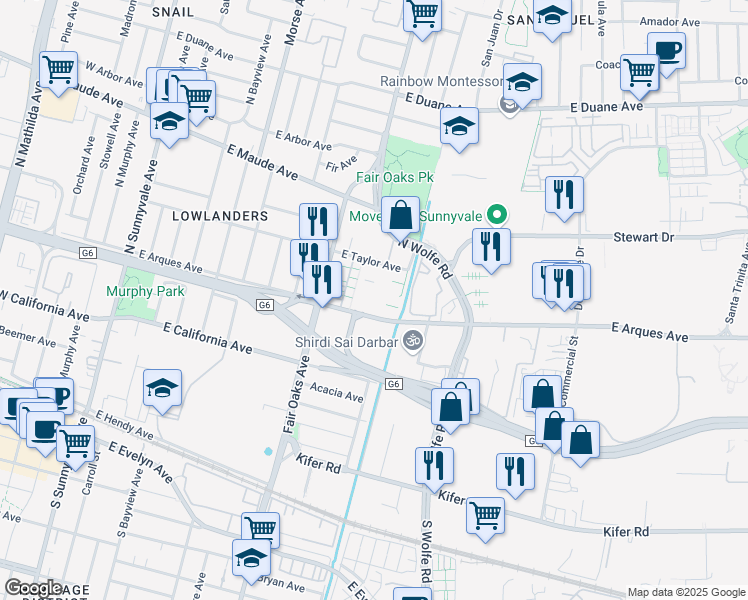 map of restaurants, bars, coffee shops, grocery stores, and more near 675 Montara Terrace in Sunnyvale