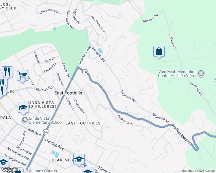 map of restaurants, bars, coffee shops, grocery stores, and more near 11280 Mount Hamilton Road in San Jose