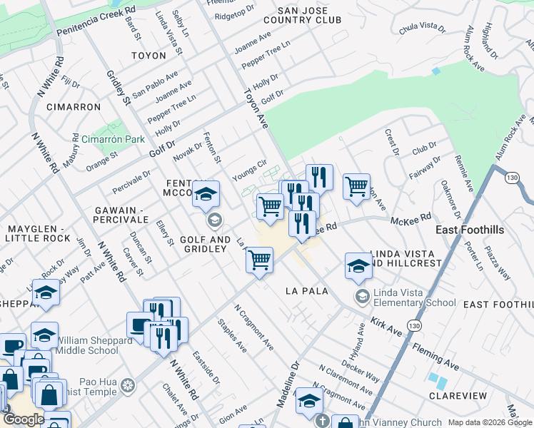 map of restaurants, bars, coffee shops, grocery stores, and more near 3209 Cortese Circle in San Jose