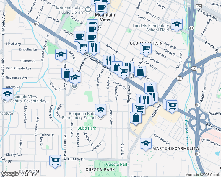 map of restaurants, bars, coffee shops, grocery stores, and more near 1021 Bonita Avenue in Mountain View