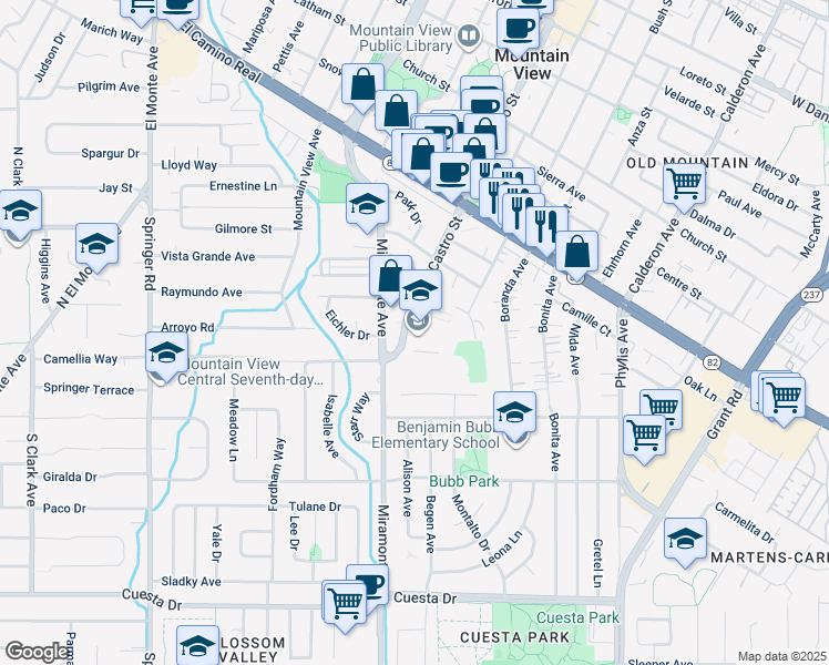 map of restaurants, bars, coffee shops, grocery stores, and more near 1185 Miramonte Avenue in Mountain View