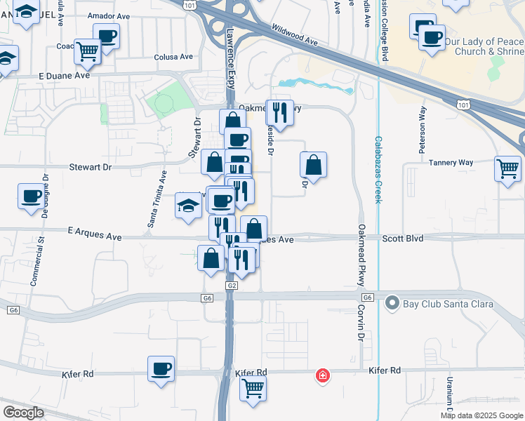 map of restaurants, bars, coffee shops, grocery stores, and more near 435 Lakeside Drive in Sunnyvale