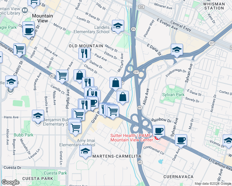 map of restaurants, bars, coffee shops, grocery stores, and more near 50 Centre Street in Mountain View