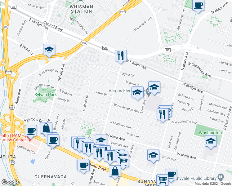 map of restaurants, bars, coffee shops, grocery stores, and more near 178 South Bernardo Avenue in Sunnyvale