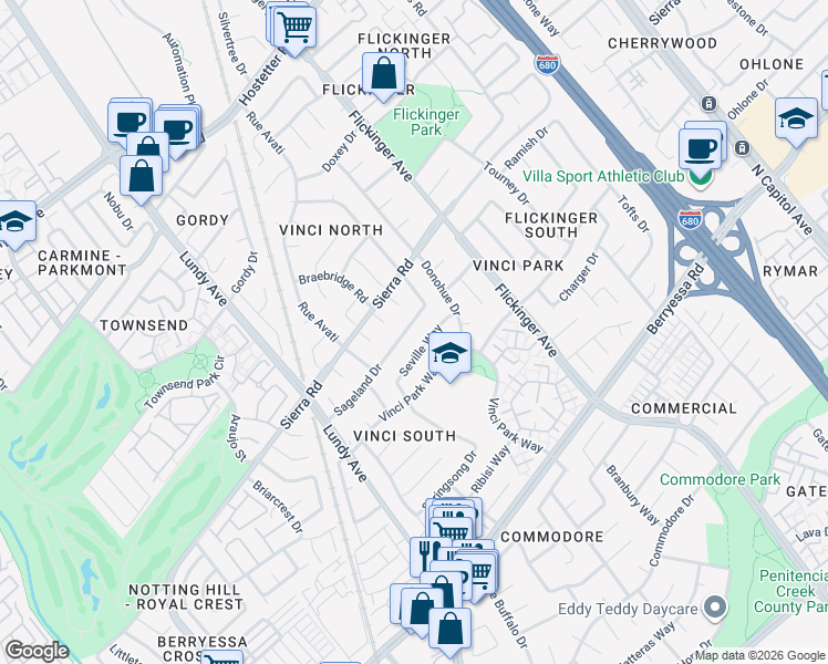 map of restaurants, bars, coffee shops, grocery stores, and more near 1790 Sageland Drive in San Jose