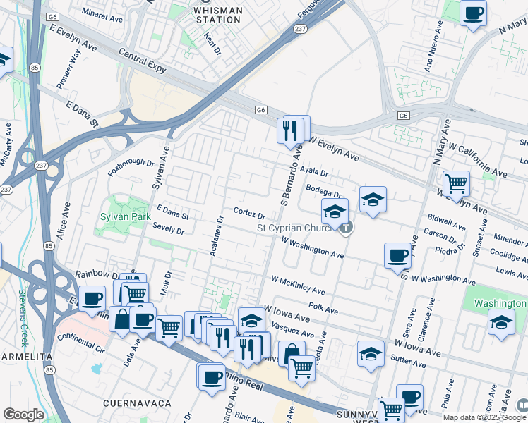 map of restaurants, bars, coffee shops, grocery stores, and more near 1228 Cortez Drive in Sunnyvale