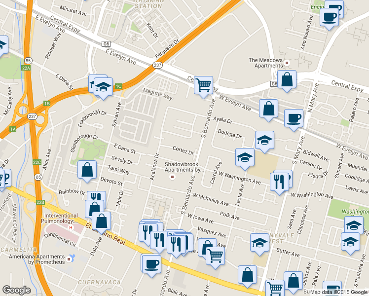 map of restaurants, bars, coffee shops, grocery stores, and more near 1228 Cortez Drive in Sunnyvale