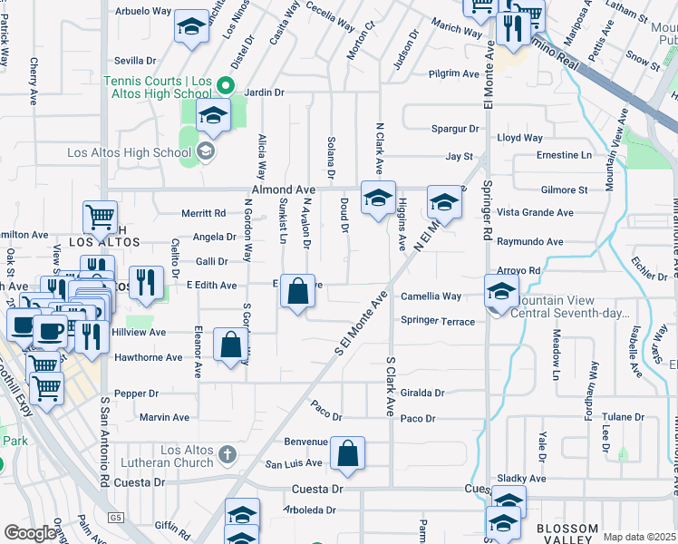 map of restaurants, bars, coffee shops, grocery stores, and more near 8 Doud Drive in Los Altos