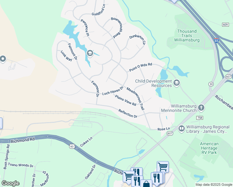 map of restaurants, bars, coffee shops, grocery stores, and more near 216 Plains View Road in Williamsburg