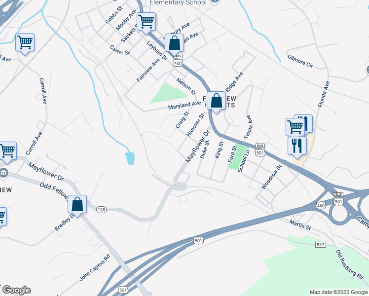 map of restaurants, bars, coffee shops, grocery stores, and more near 2214 Hanover St in Lynchburg